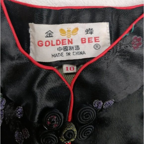 Vintage Golden Bee Kids Black Silk Embroidered Chinese tang Sz 10 - Picture 4 of 5